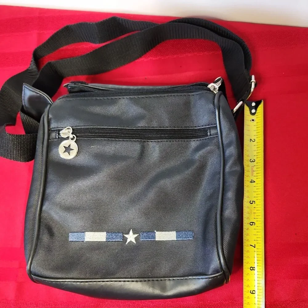 Vtg Black Nylon Crossbody Bag Utility Messenger Shoulder Star Multi-Pocket
